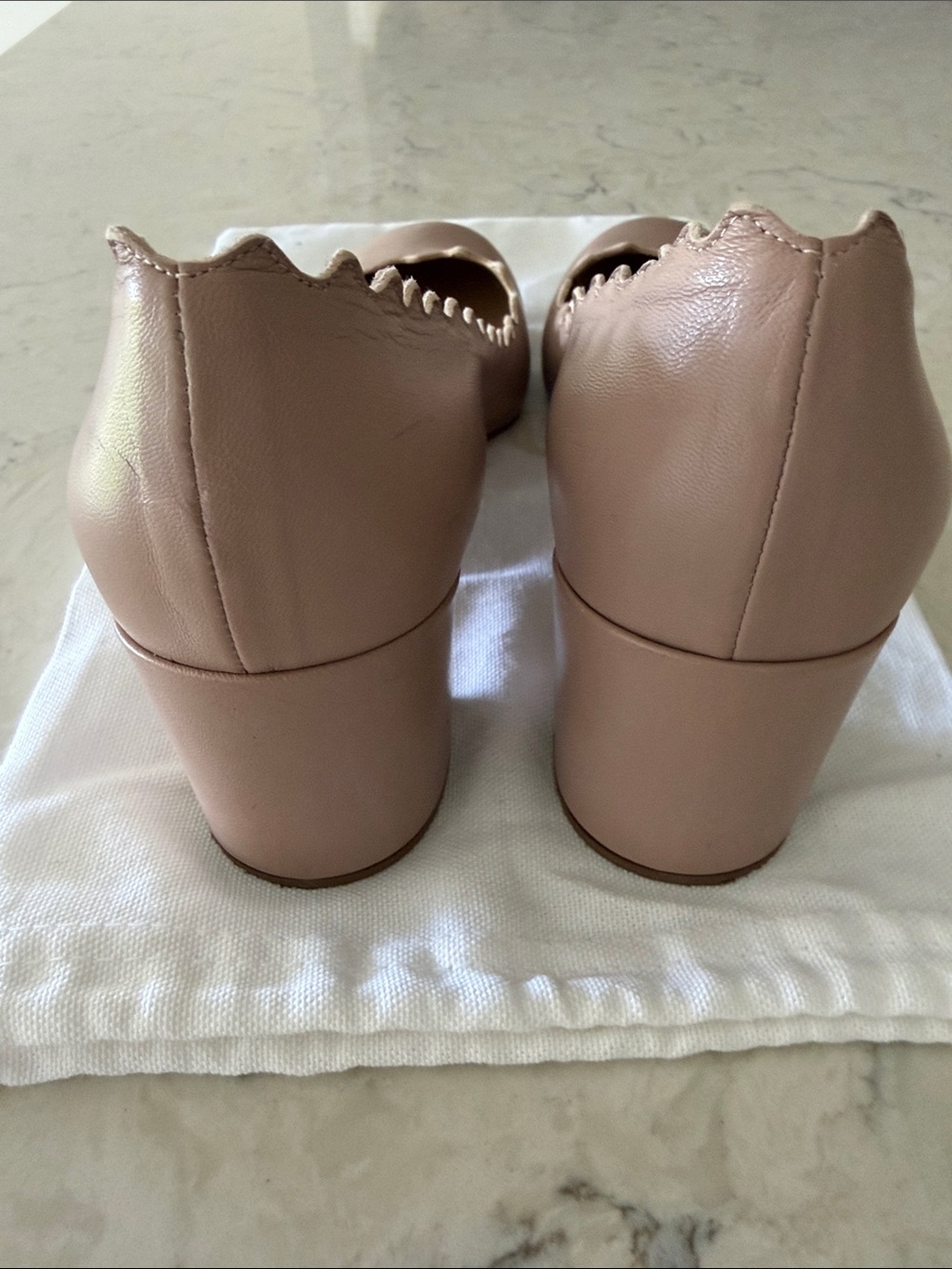 Chloe Lauren Scalloped Nude Leather Block Heel Pump - Picture 7 of 10
